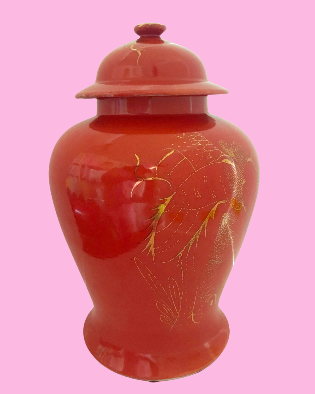 Vintage Pine &amp; Crane Gilt Orange Temple Jar - 17 inches tall