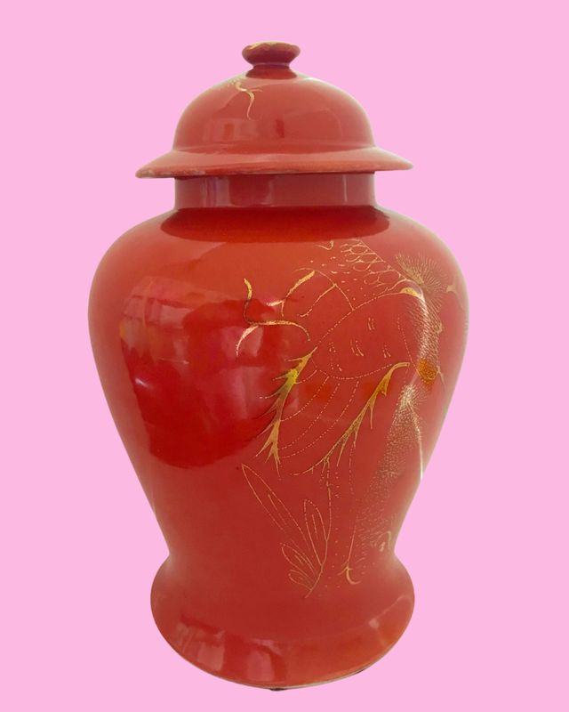 Vintage Pine &amp; Crane Gilt Orange Temple Jar - 17 inches tall