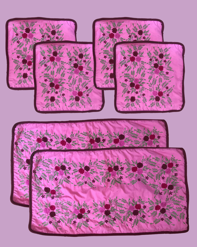 Vintage Hot Pink Floral Embroidered Pillowcases - Set of 6 - Square 14 in x 14 in &amp; Rectangle 29 1/2 in x 16 in
