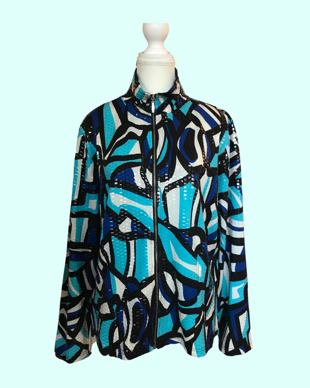 Vintage Erin London Turquoise, Black &amp; White Sequin Zip-Up Jacket - Size L