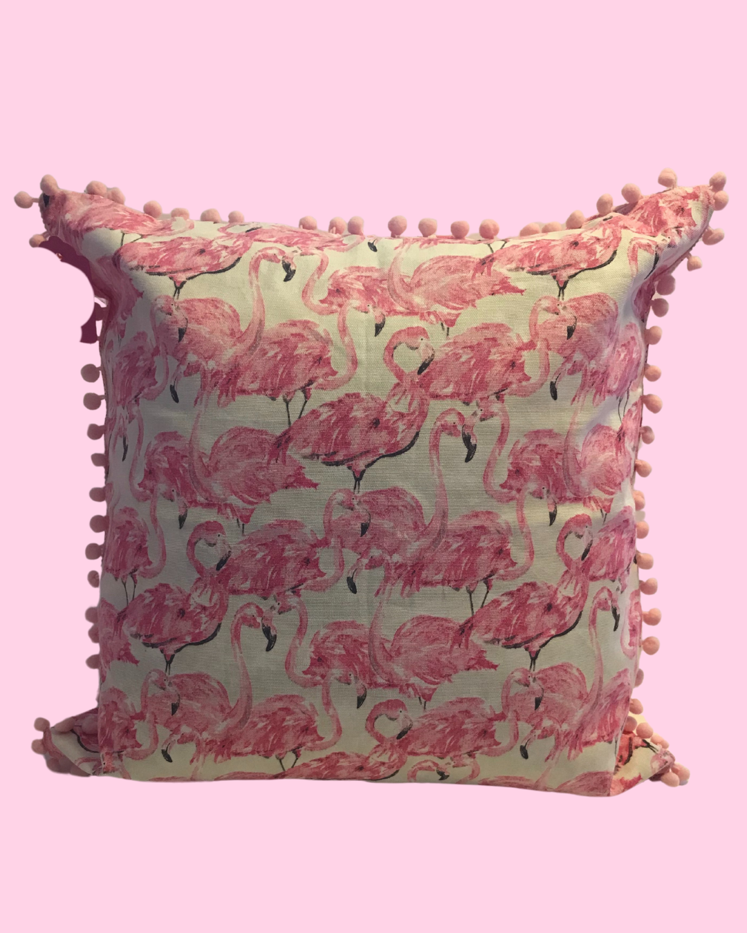 Handmade Pillow Case with Pink Flamingos &amp; Black Pom Pom Trim