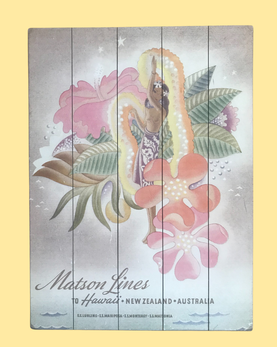 Vintage Matson Lines to Hawaii, New Zealand &amp; Australia Art 17 1/2 in x 24 in