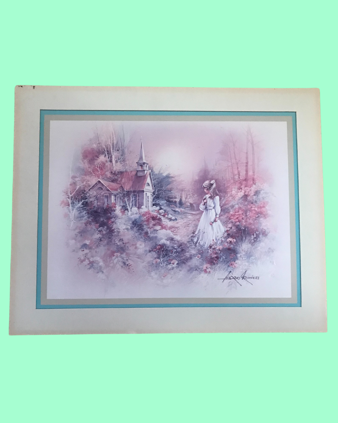 Vintage Home Interiors Girl by the Chapel in Flower Garden Print signed by Andrea Orpinas - 16 in x 20 in