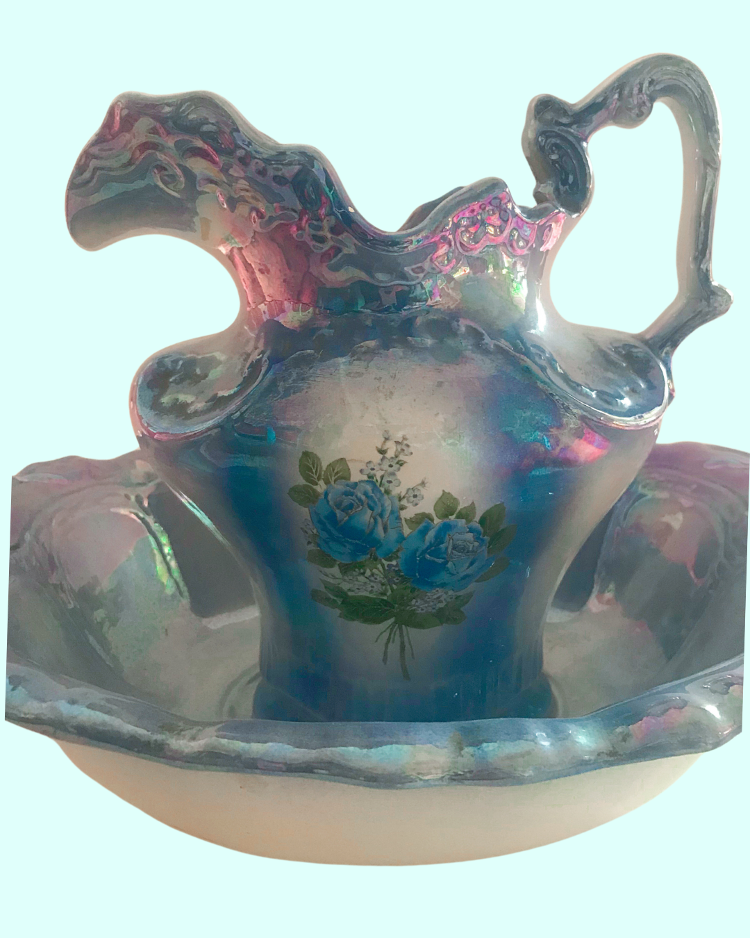 Vintage Blue Opal with Blue Roses Large Pitcher &amp; Basin Set