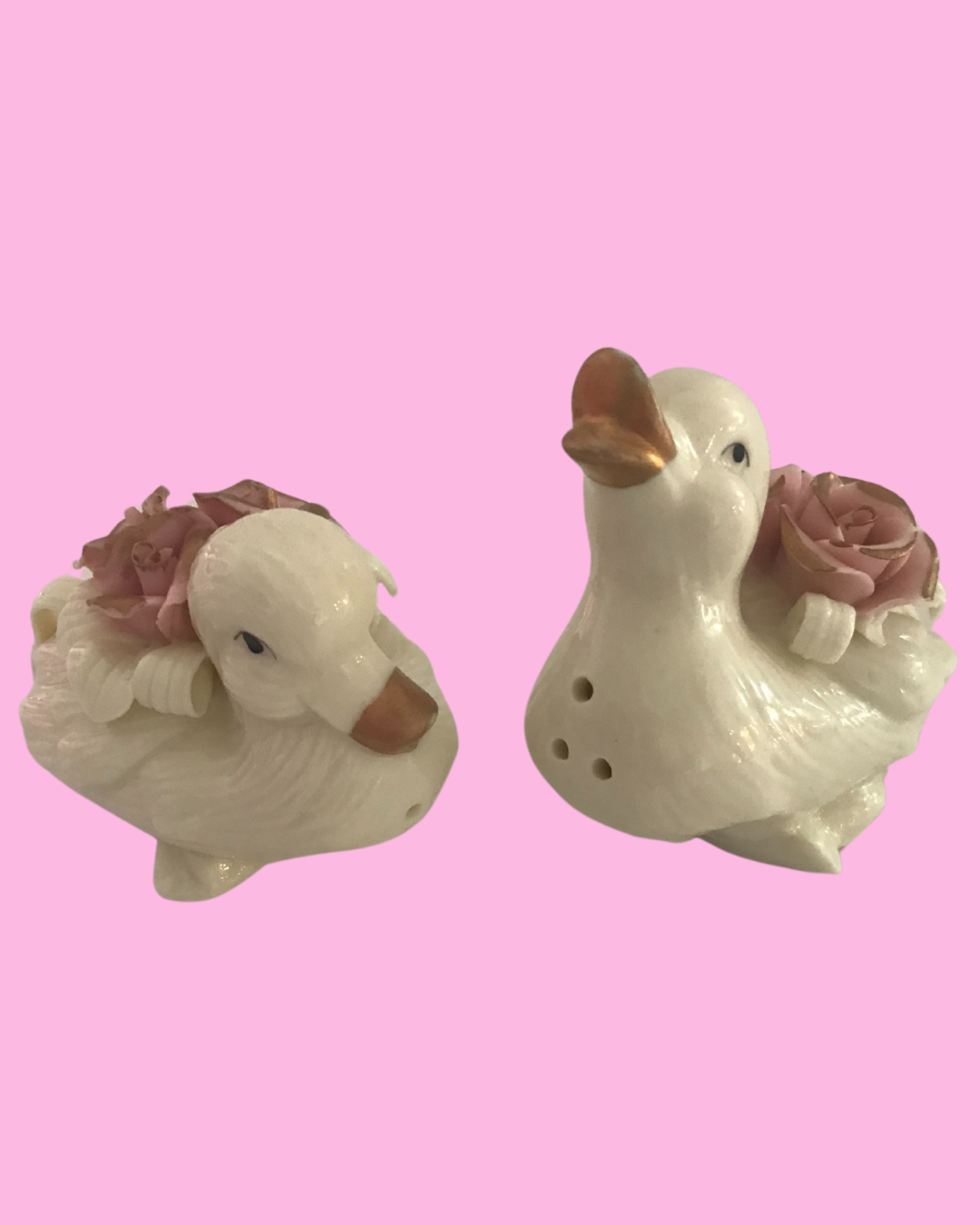 Vintage Duckling Salt &amp; Pepper Shakers with Pink Roses