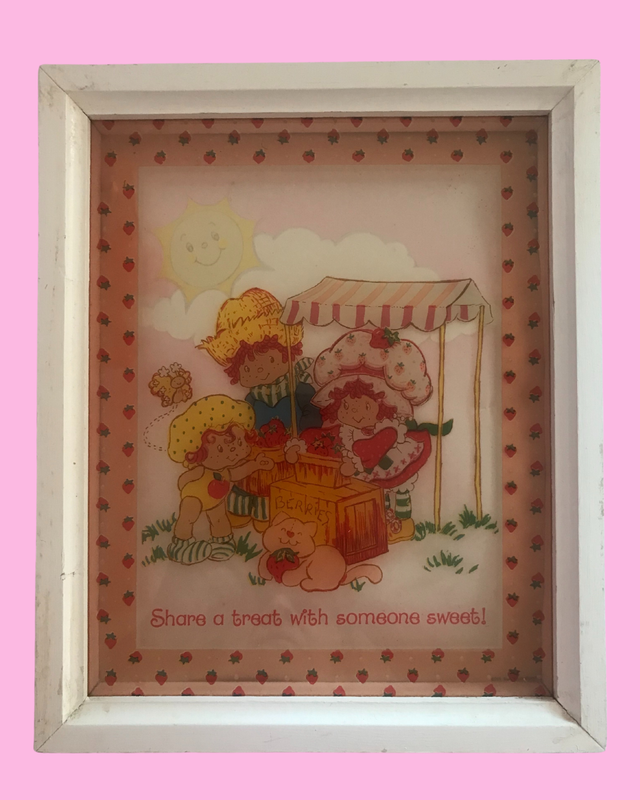 Vintage Strawberry Shortcake Painted Glass Framed Art (1980) - 11 in x 9 in