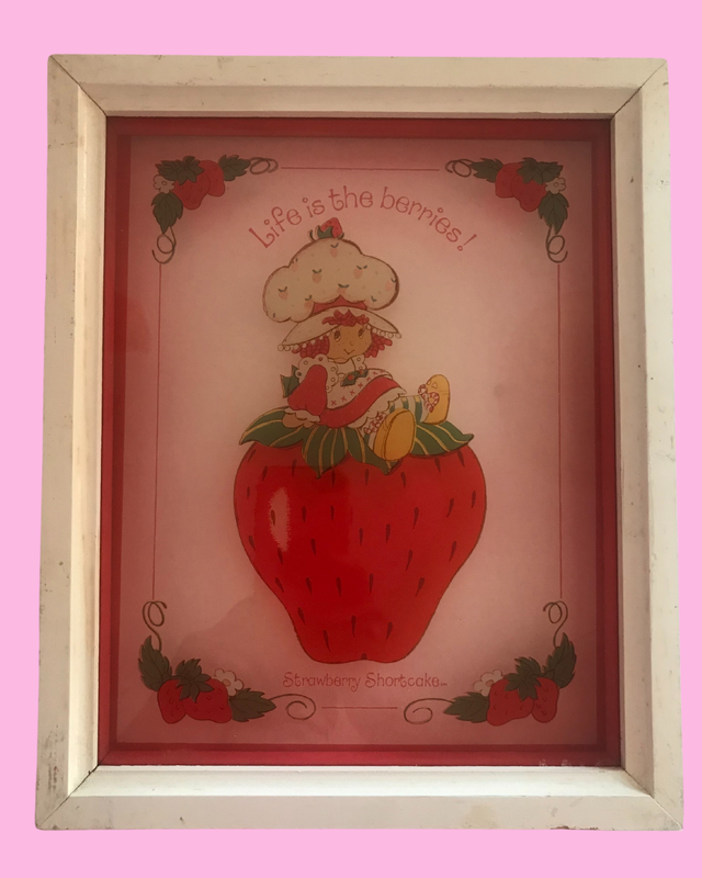 Vintage Strawberry Shortcake Painted Glass Framed Art (1980) - 11 in x 9 in