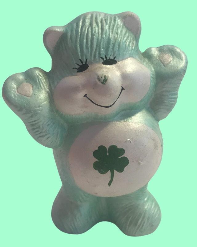 Vintage Hand Painted Ceramic Good Luck Bear Care Bear Figurine - 4 1/2 in x 3 1/2 in