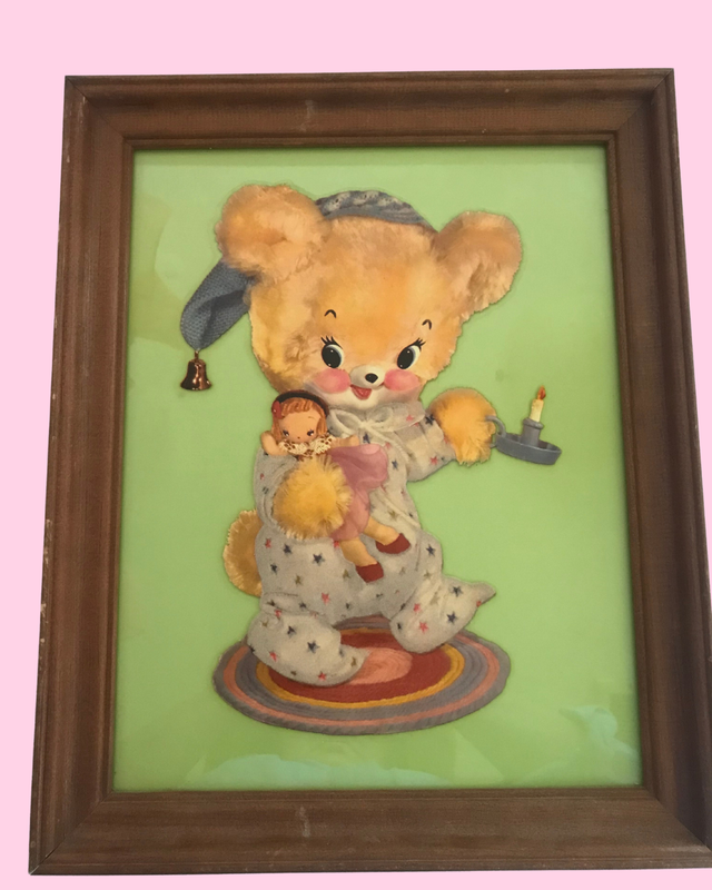 Vintage Meyercord Nursery Bear Decal Framed Art - 13 in x 16 in