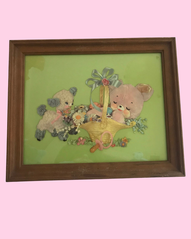 VIntage Meyercord Nursery Bear &amp; Lamb Framed Decal Art - 13 in x 16 in