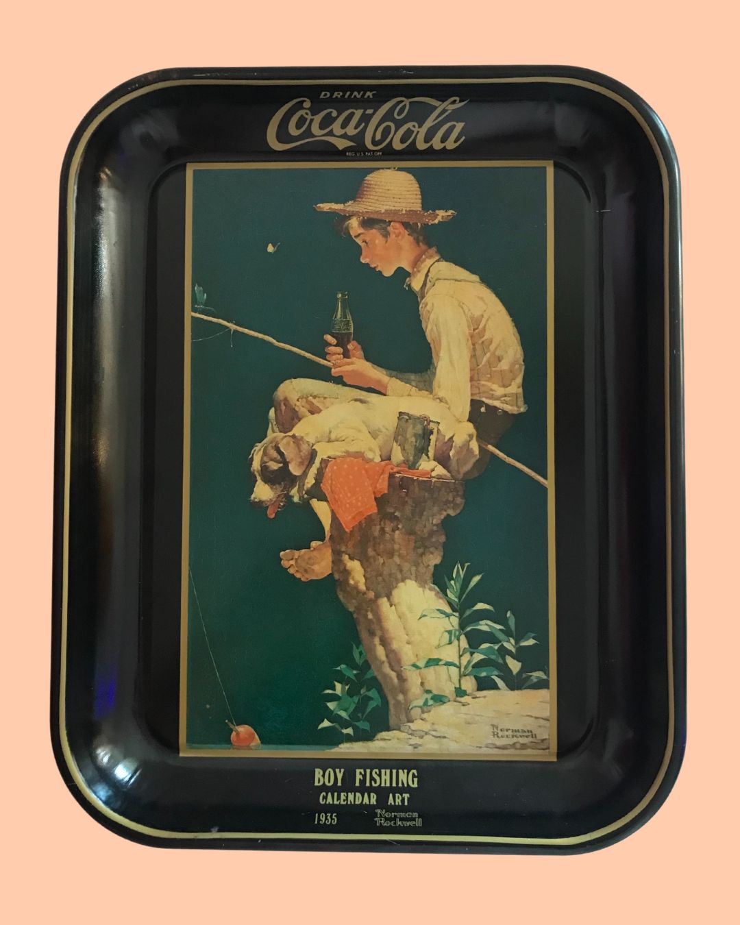 Vintage Coca-Cola Tray with Boy Fishing by Norman Rockwell Calendar Art printed in 1935