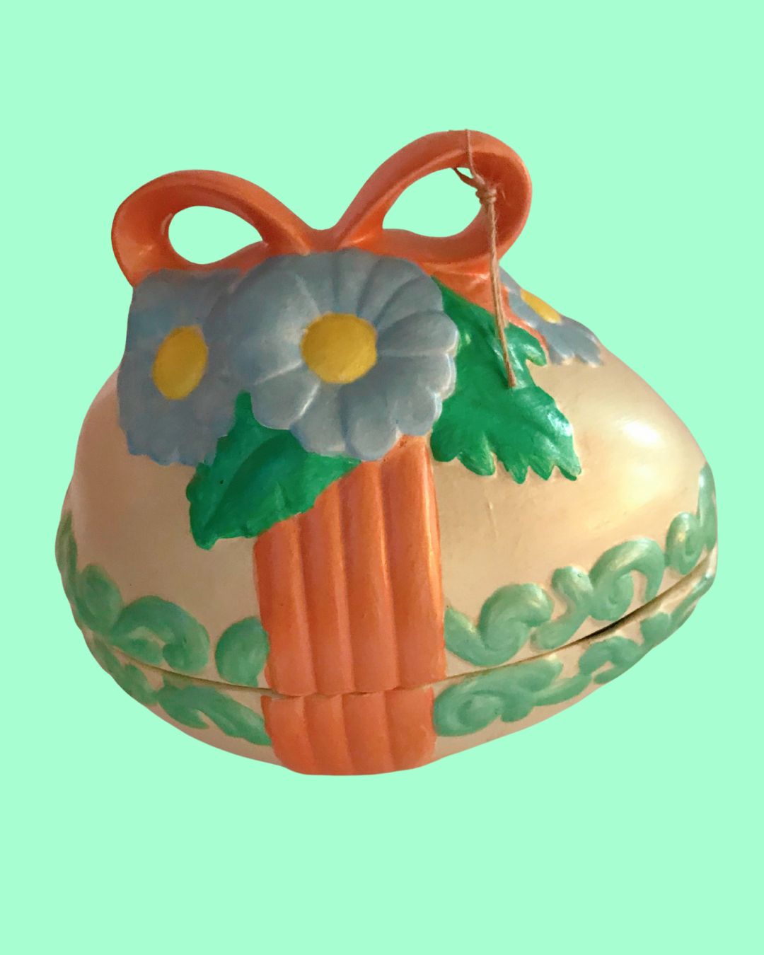 Vintage Hand Painted Ceramic Egg Trinket Box with Orange Bow and Blue Flowers - 7 in x 6 in (1970&#39;s)
