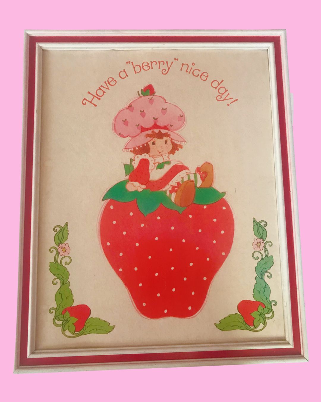 Vintage Strawberry Shortcake Art with Red and White Frame - 22 in x 18 in (1980&#39;s)