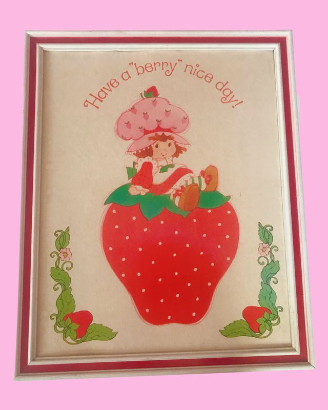 Vintage Strawberry Shortcake Art with Red and White Frame - 22 in x 18 in (1980&#39;s)