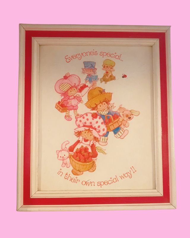 Vintage Strawberry Shortcake Framed Art with Red and White Frame - 12 in x 10 in (1980&#39;s)