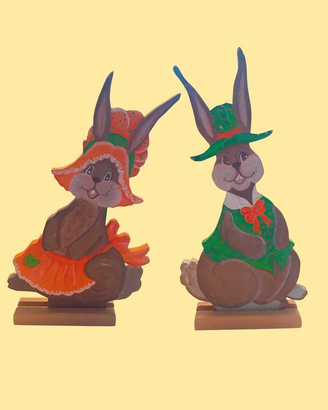 Set of 2 Vintage &amp; Handmade Wood Easter Rabbit Set - 8 in x 13 in each