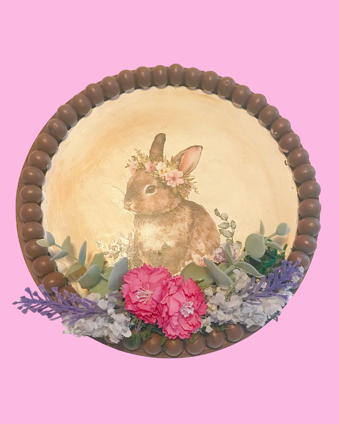 Handmade Locally Bunny Beaded Art - 8 in across