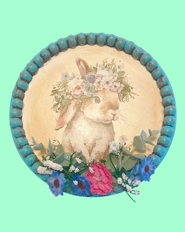 Handmade Locally Bunny Beaded Art - 8 in across
