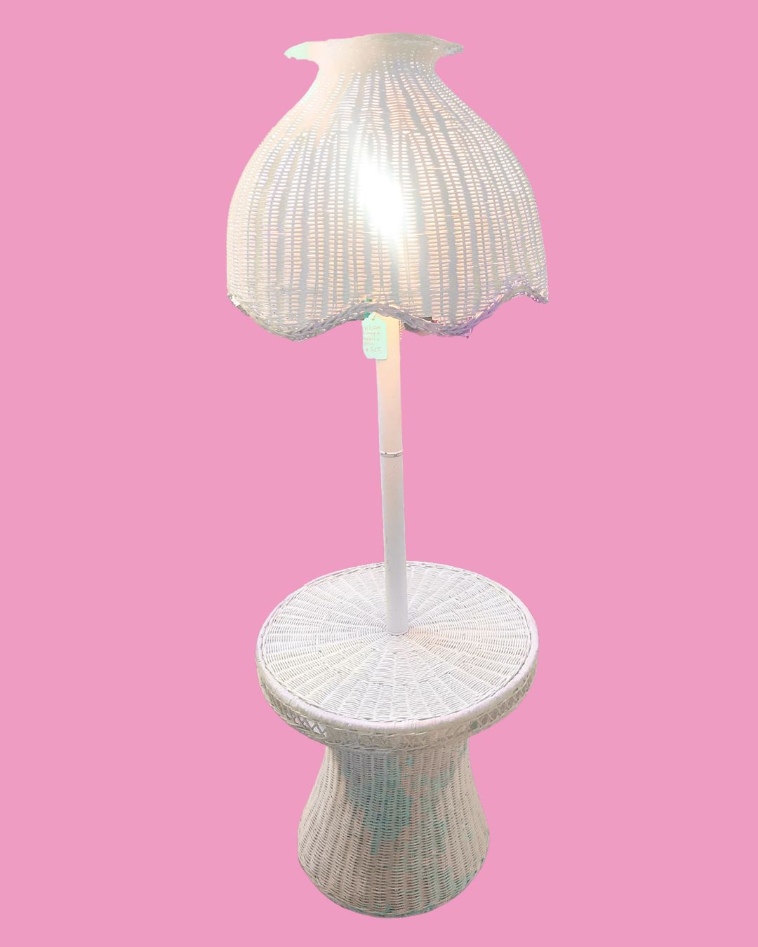 Vintage White Wicker Floor Lamp with Table( Shelf  (1970&#39;s)
