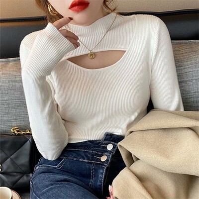 Half-high Collar Hollow Sweater Women 2022 Autumn And Winter Korean Style Women&#39;s Temperament Foreign Style Tops All-match Bottoming Knitwear