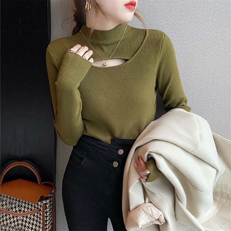 Half-high Collar Hollow Sweater Women 2022 Autumn And Winter Korean Style Women&#39;s Temperament Foreign Style Tops All-match Bottoming Knitwear