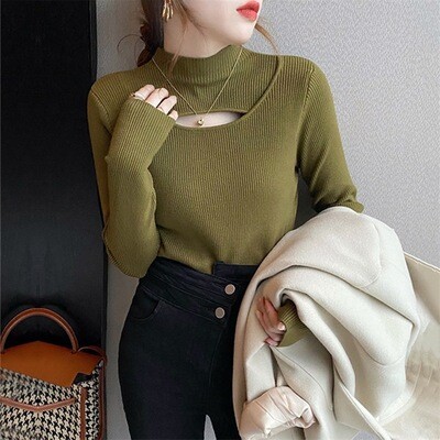 Half-high Collar Hollow Sweater Women 2022 Autumn And Winter Korean Style Women&#39;s Temperament Foreign Style Tops All-match Bottoming Knitwear