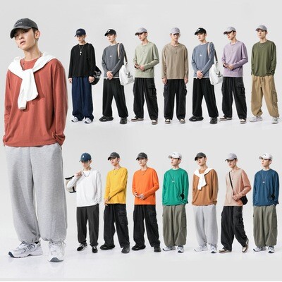 Pure Cotton Men&#39;s Long-sleeved T-shirt Spring And Autumn New Trend Loose Solid Color Autumn And Winter Bottoming Shirt Student Autumn Clothing Men&#39;s Sweater