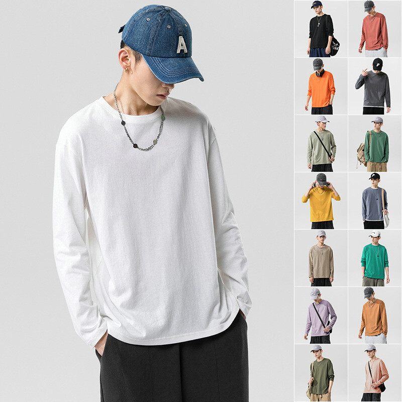 Pure Cotton Men&#39;s Long-sleeved T-shirt Spring And Autumn New Trend Loose Solid Color Autumn And Winter Bottoming Shirt Student Autumn Clothing Men&#39;s Sweater