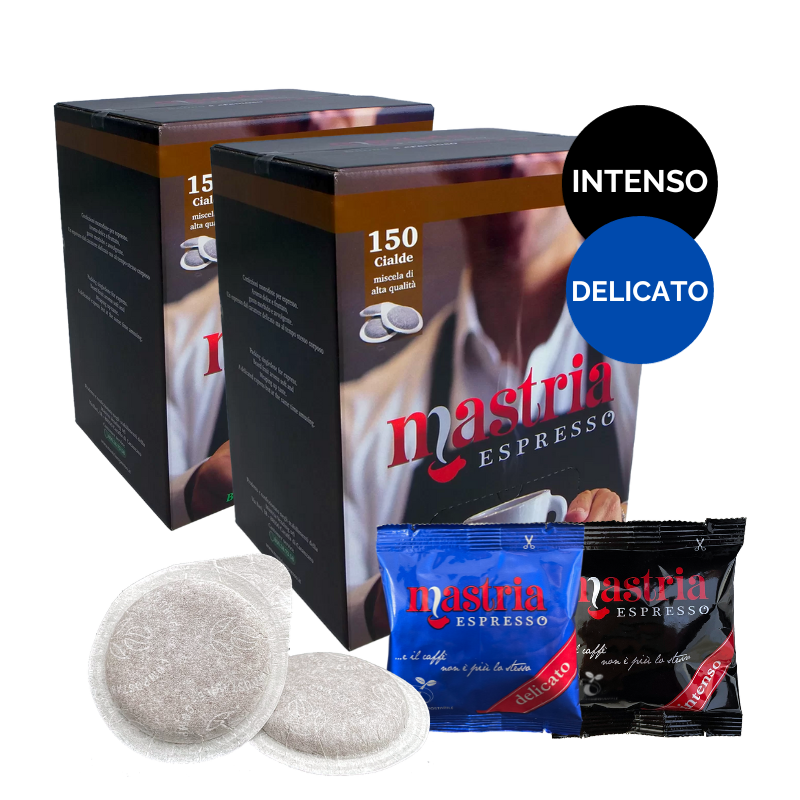 COMBO 150+150 Cialde compostabili - Gusto INTENSO + Gusto DELICATO (2 BOX DA 150)
