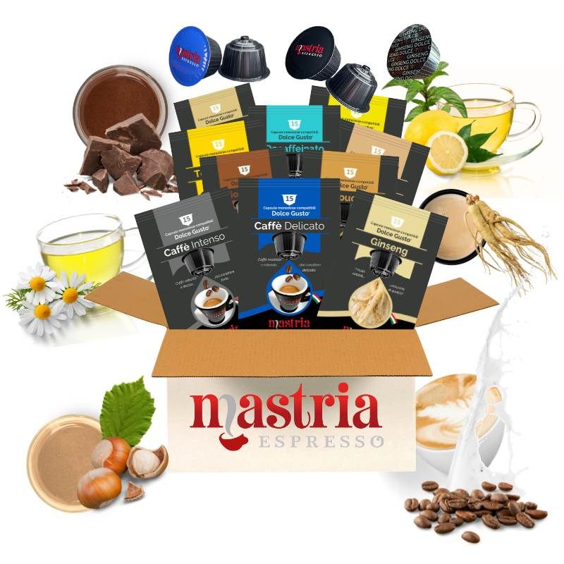 150 Capsule ( 10 CONFEZIONI MIX) Compatibili DOLCE GUSTO - (Caffè Intenso, Caffè Delicato, Decaffeinato, Orzo, Ginseng, Nocciolino, Cioccolato, Cappuccino, Camomilla, Tè.)