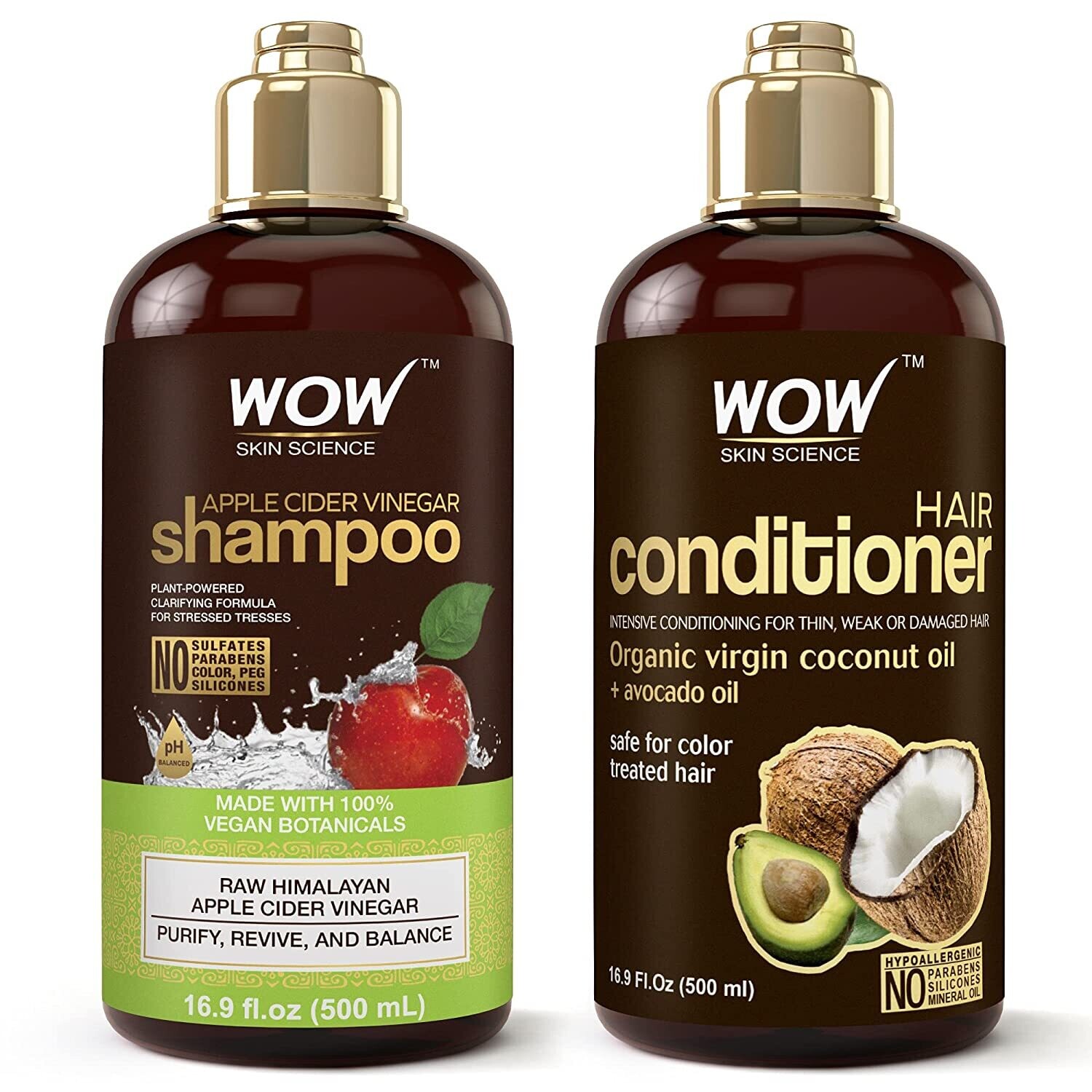 WOW Apple Cider Vinegar Shampoo and Conditioner Set Increase Gloss,  Hydration, Shine, Reduce Itchy Scalp, Dandruff & Frizz, No Parabens or  Sulfates, All Hair Types, 2 x  Fl Oz 500mL