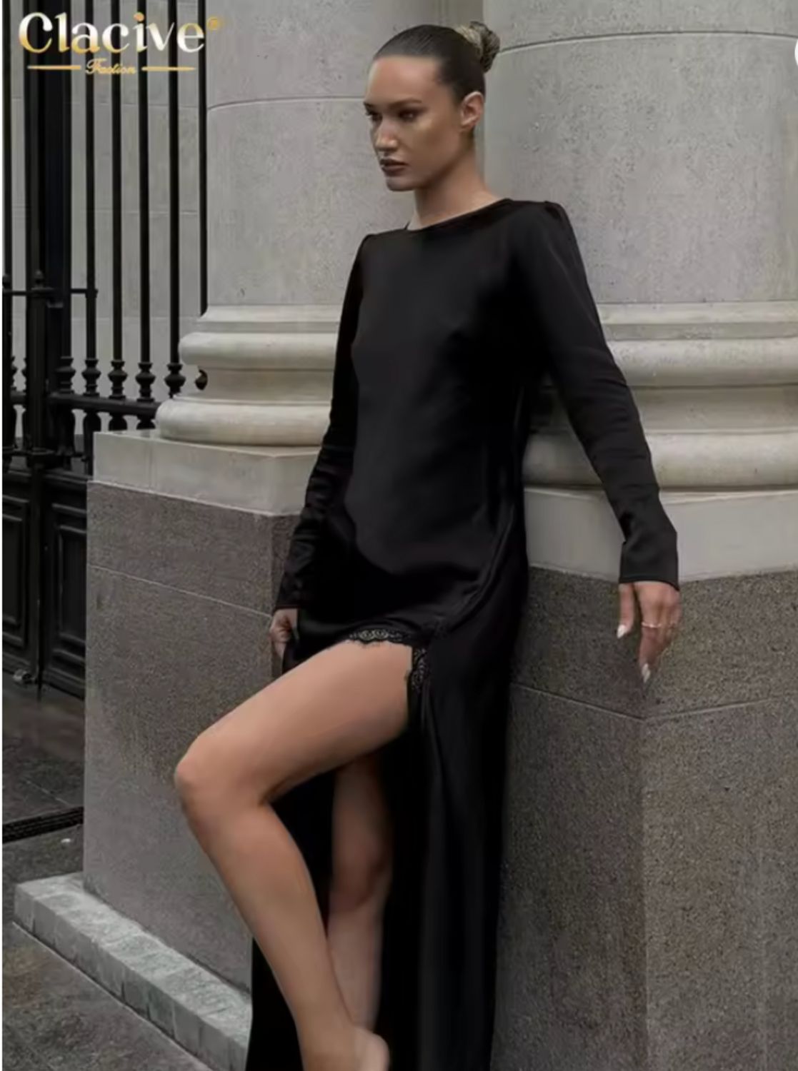 Clacive Fashion Loose Black Satin Women's Dress 2025 Elegant O-Neck Long Sleeve Ankle Length Dresses Sexy Slit Female Dress