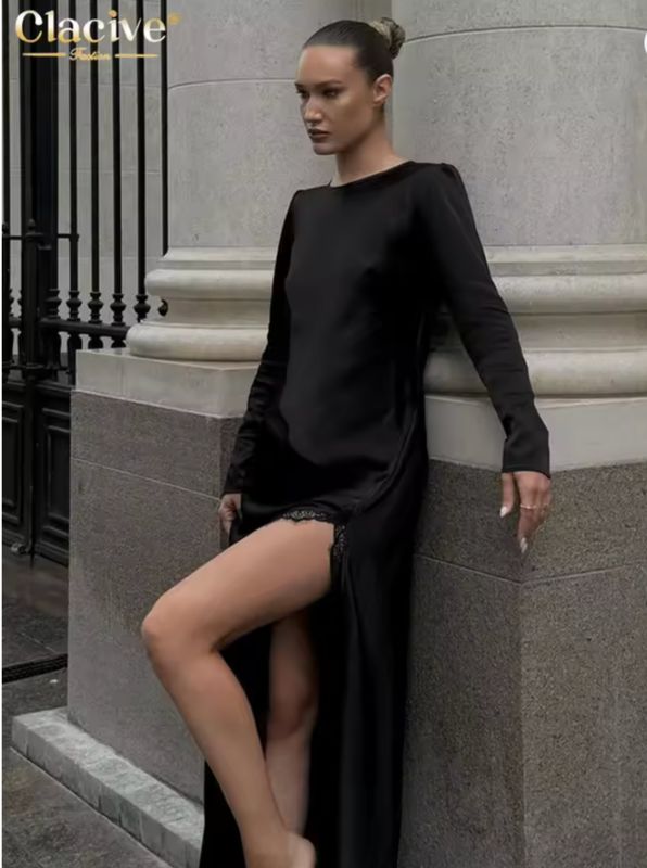 Clacive Fashion Loose Black Satin Women's Dress 2025 Elegant O-Neck Long Sleeve Ankle Length Dresses Sexy Slit Female Dress