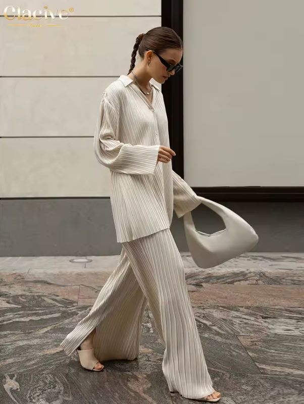 Clacive Fashion Long Sleeve Blouses Womens Two Peice Sets Casual Loose Slit Wide Trouser Suits Elegant White Pleated Female Set