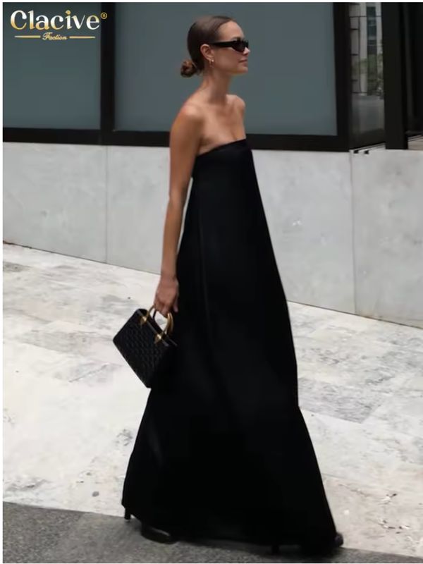 Clacive Summer Loose Black Women's Dress 2025 Fashion Strapless Sleeveless Maxi Dresses Sexy Classic Solid Dress Female Clothing