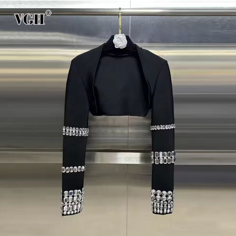 VGH Sexy Patchwork Diamonds Solid Coats For Women Long Sleeve Slimming Irregular Short Coat Female Clothing Fashion Style New