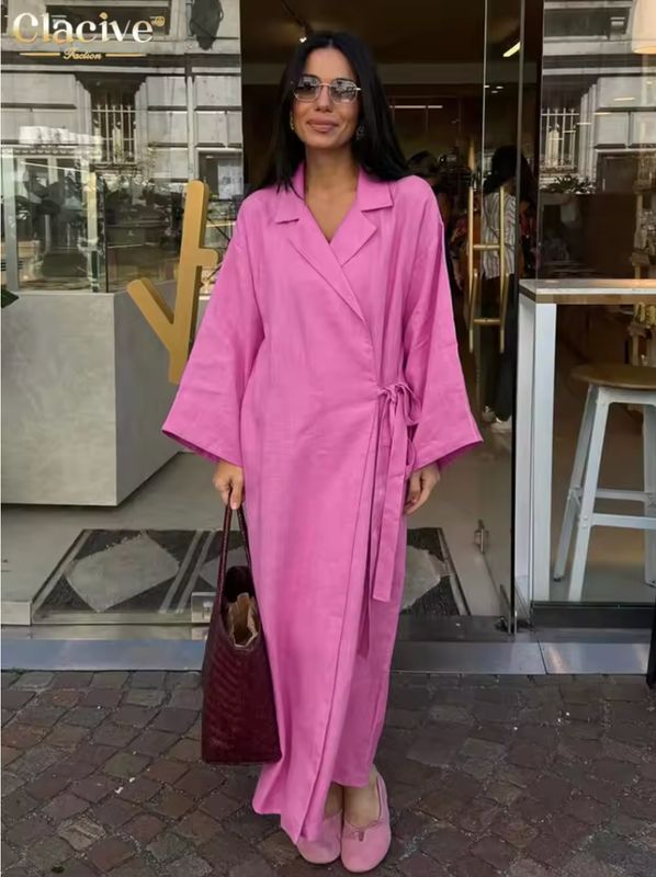 Clacive Casual Loose Pink Cotton Dress Ladies Fashion Lapel Long Sleeve Ankle Length Dress Elegant Lace-Up Dresses For Women
