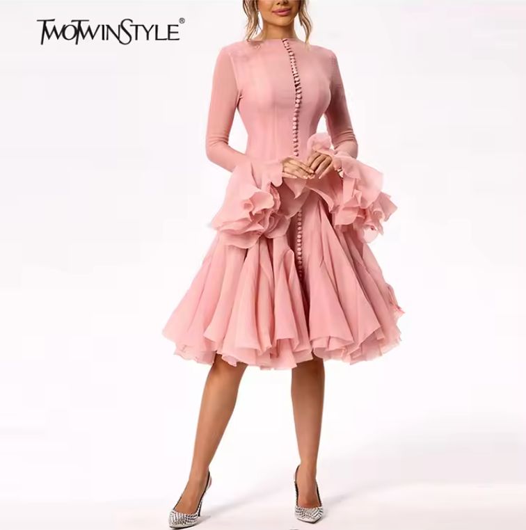 TWOTWINSTYLE Women's Dress Irregular Pleated Patchwork Fashion Long Lantern Sleeve Waist Cinching Mini Dresses 2024 New Clothing