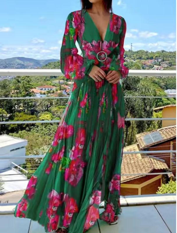 Sexy Deep V Neck Printed Long Dress Women Fashion Lantern Sleeveless Vestidos 2025 Summer Lady Beach Style Maxi Pleated Dress