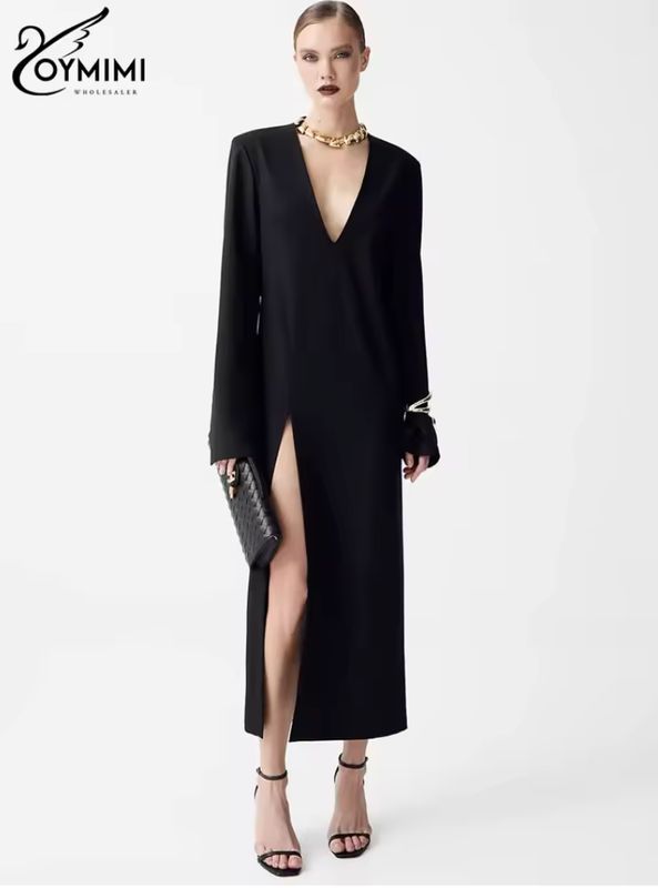 Oymimi Elegant Black Bodycon Dresses for Women Casual Deep V-Neck Long Sleeve Straight Dresses Fashion Side Slit Mid-Calf Dress 2025