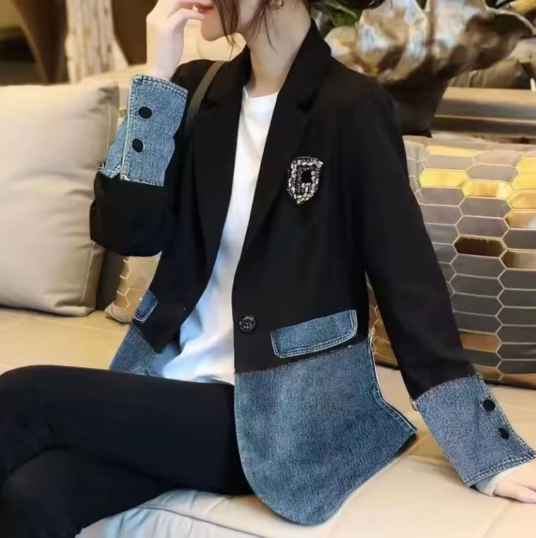 New Autumn 2025 Fashion Korean Version Loose Women Denim Jacket Splicing Suit Ladies Denim Outerwear Elegant Female Jeans Coat
