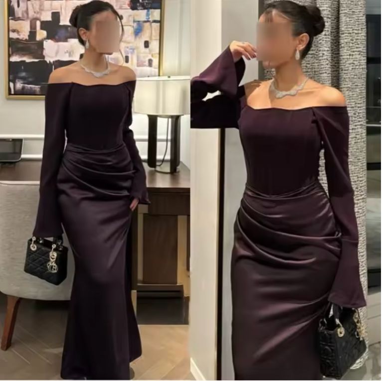 Modern Satin Mermaid Long Sleeeves Evening Dresses Simple Off The Shoulder Prom Gown Formal Occasion Sexy Backless Customized