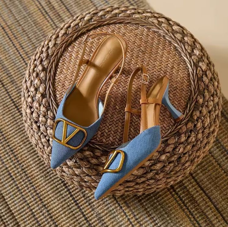 Retro High Heels New French Light Mouth Pointed Head Thin Heels Women's Denim High Heels Sandals Summer Bag Head Zapatos Mujer