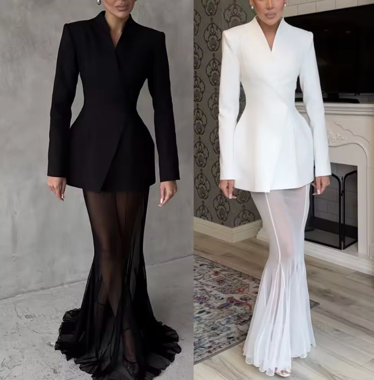 New Cross-Border Long Sleeve Satin Top Set Loose Elastic Mesh Half Skirt Two Piece Set Polyester Fiber Floor-Length Skirt