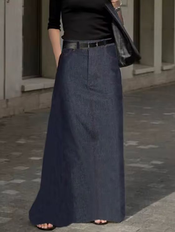 2025 New Fashion Imitation Denim H-Line High Waist Skirts Spring Summer Loose Solid Color Pockets Maxi Skirt for Women