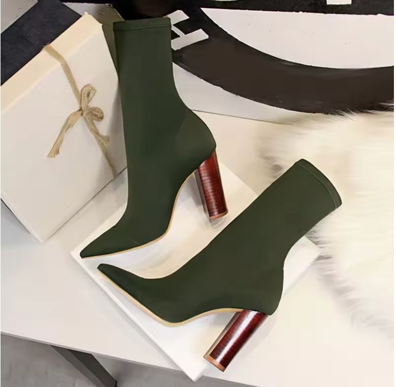 Size 34 - 43 Women Ankle Boots Square High Heels Pumps Fall Fashion Comfort Stretch Fabric Sock Boot Femme Party Dress Shoes