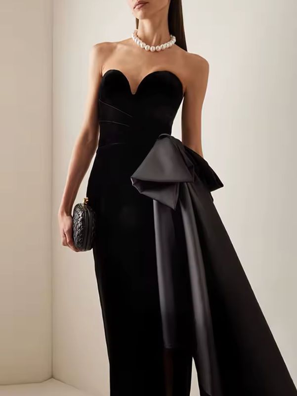 Sexy Strapless Bow Patchwork Split Long Dress Women Black Velvet Sleeveless Backless Slim Dresses Evening Party Cocktail Gowns