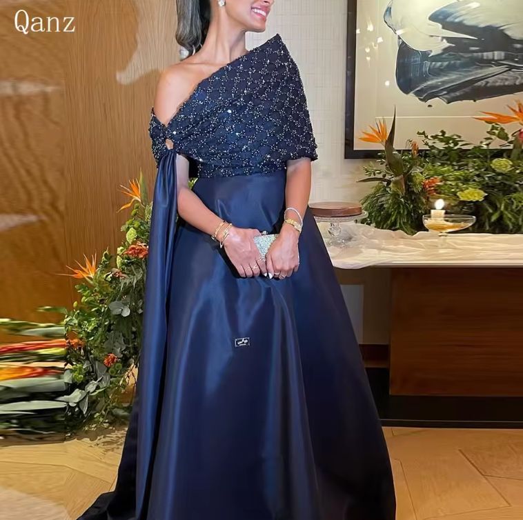 Qanz Navy Blue Dubai Evening Dresses Luxury Satin Sparkle Abendkleider Damen Party Gown Dresses Special Occasion Customized