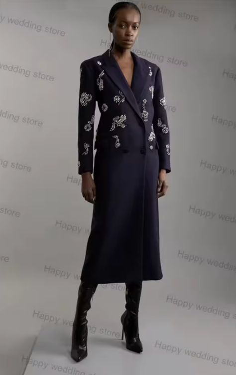 Navy Blue Cashmere Woolen Women Suit 1 Piece Crystals Overcoat Formal Office Lady Wedding Tuxedo Customized Winter Coat Jacket