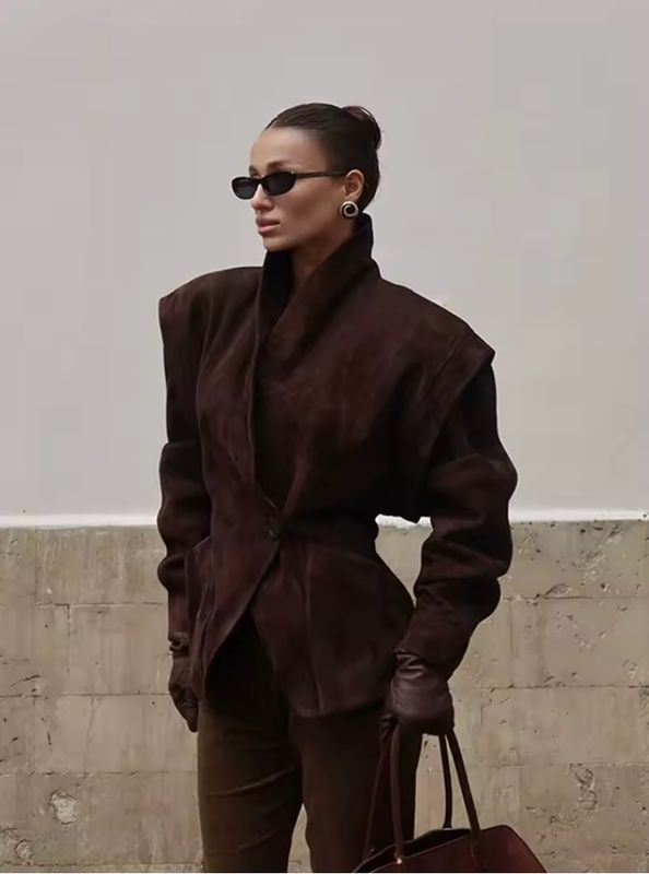 Solid Waist Cinching Blazer Women Shoulder Pads Lapel Single Breasted Long Sleeves Jackets Chic Elegant Casual Street Outerwear